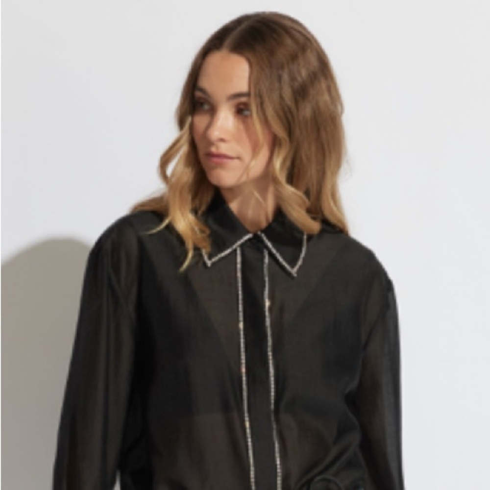 DECJUBA 100% linen black button down tunic long sleeved top with white detail 6